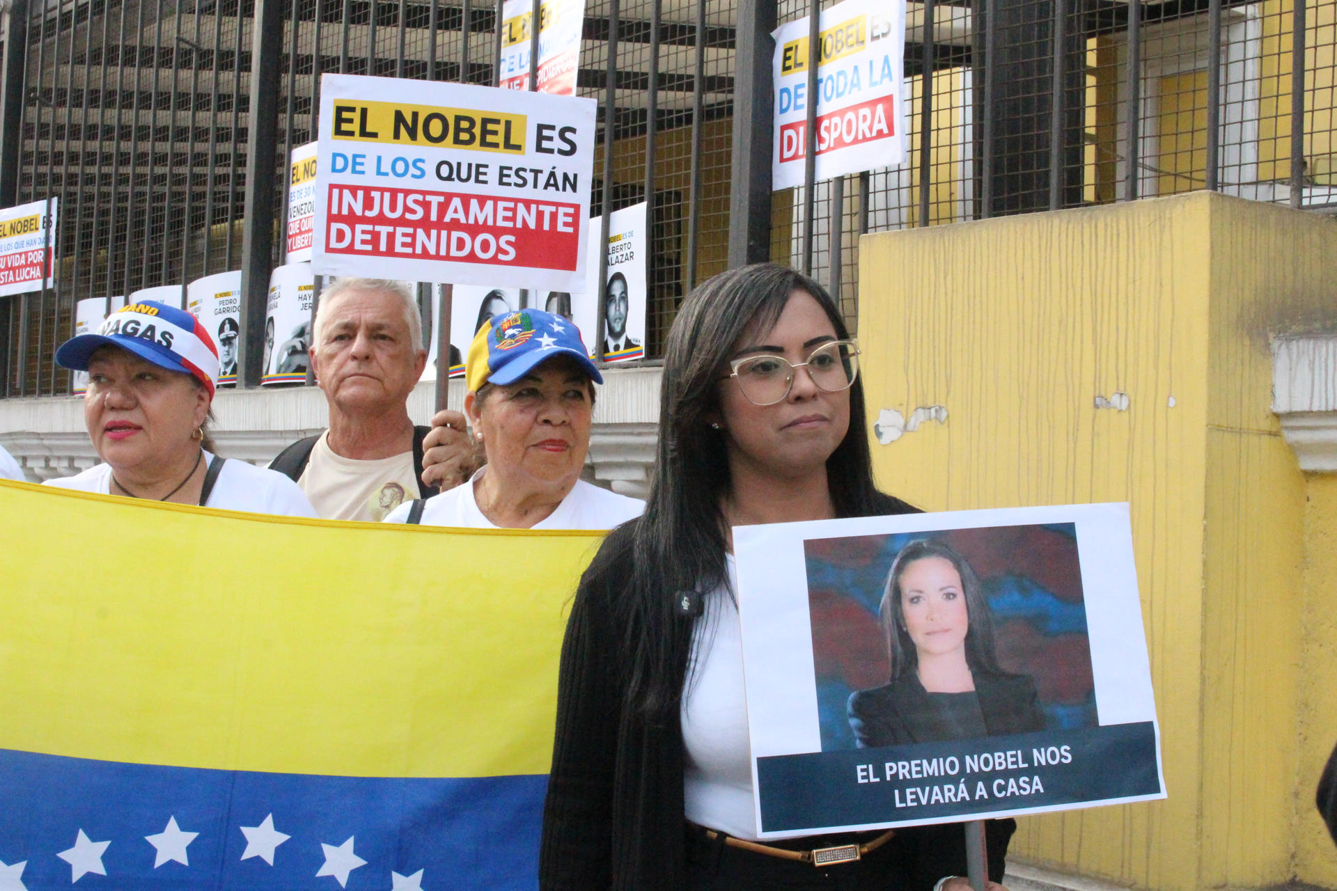 AME6443. LIMA (PERÚ), 06/12/2025.- Una mujer sostiene un cartel durante la marcha "por la paz y la libertad" en Venezuela este sábado, en Lima (Perú). EFE/ Paula Bayarte