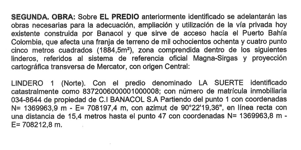 Parte del documento que firmaron Banacol y Puerto Bahía Colombia en el que especifican la construcción de la vía privada que realizarán sobre el predio.