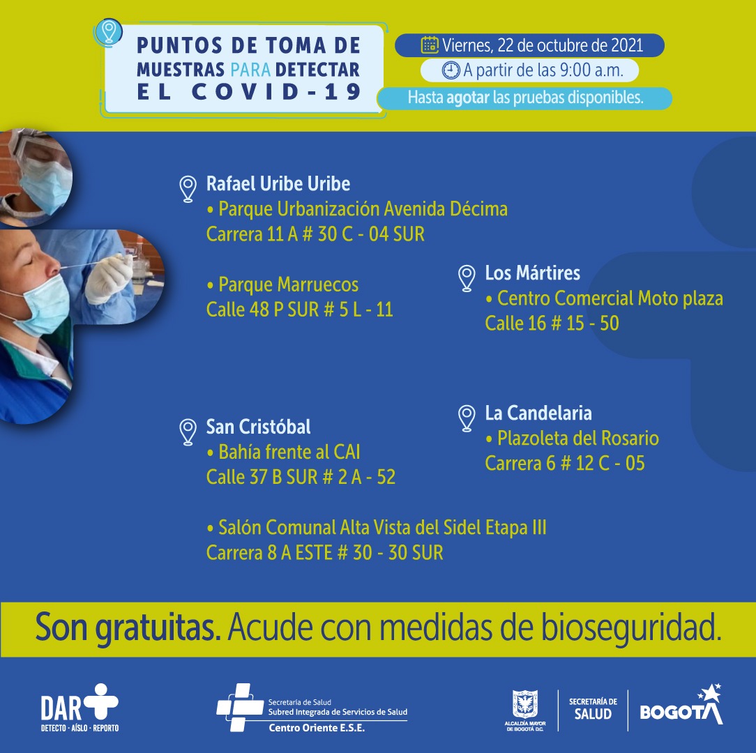 Estos son los puntos para toma de pruebas COVID-19 este viernes en Bogotá.