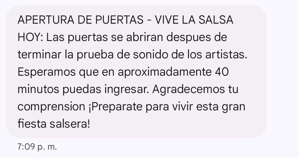 Este fue el mensaje que los asistentes reportaron que enviaron los organizadores del concierto "Vive La Salsa 2024", antes de ingresar al evento.