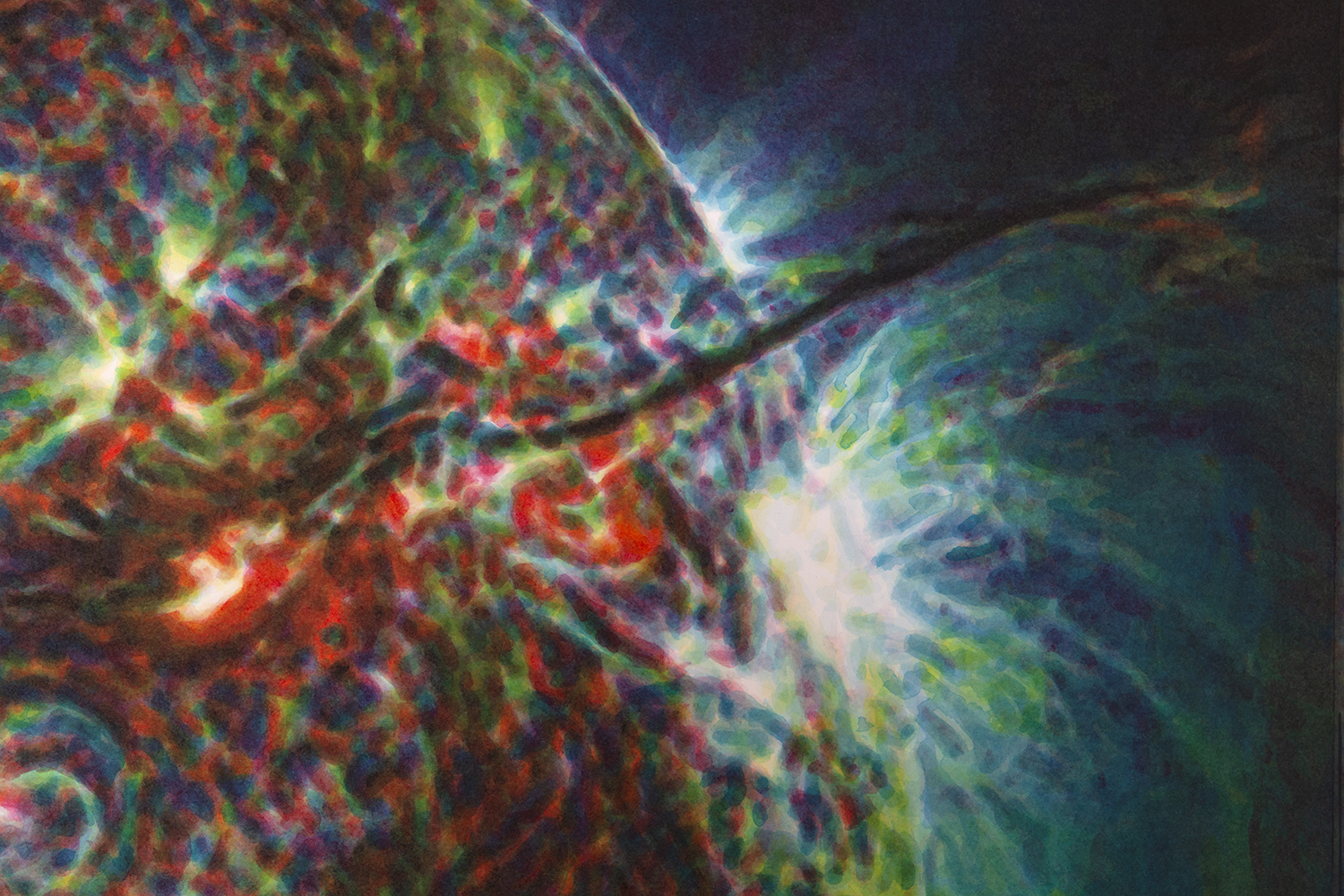 En la obra, el artista propone
representaciones de cometas, soles y nebulosas, por medio de capas de los colores básicos
de las impresoras modernas CMYK, como el cian, magenta, amarillo y negro.