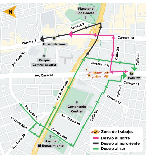 Desvíos hacia el norte, nororiente y sur por cierre en la av. Caracas entre calles 24 y 26