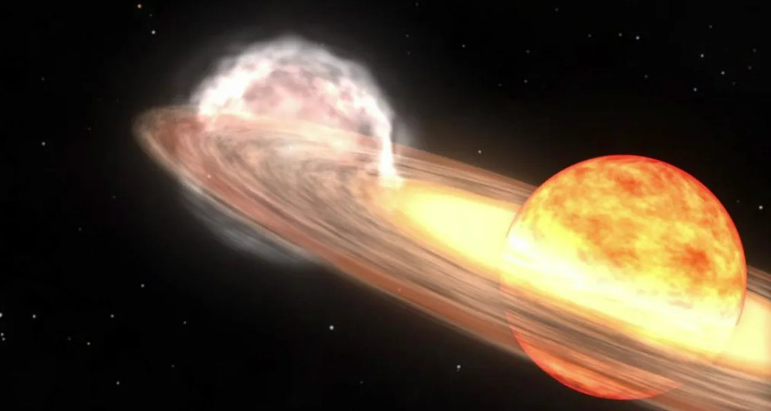 Animación de una nova similar a T Coronae Borealis, compuesta por una estrella gigante roja y una enana blanca que orbitan entre sí.