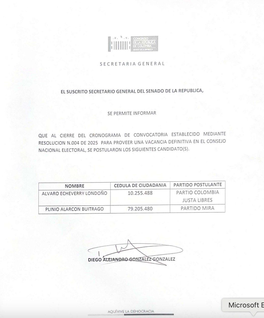 Postulaciones para reemplazar a César Lorduy en el CNE.