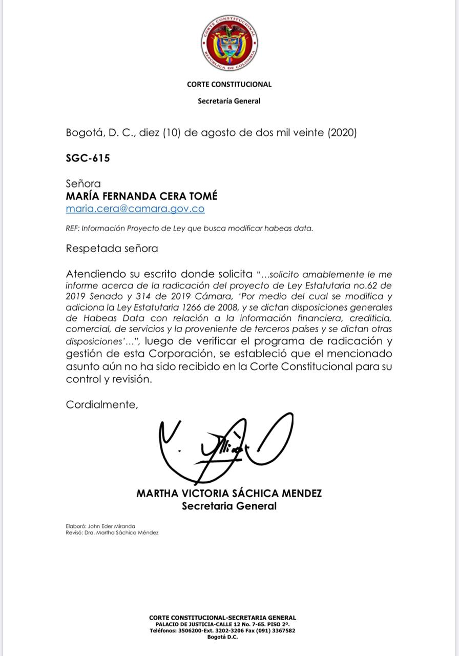 Derecho de petición respondido por la Corte Constitucional sobre la radicación para su revisión del proyecto de borrón y cuenta nueva.