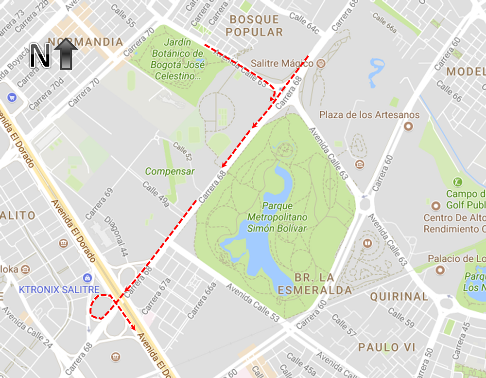 Quienes circulen en sentido norte – sur por la carrera 68 y desean tomar la calle 63 al oriente deberán continuar por la carrera 68 al sur y la calle 26 al oriente.