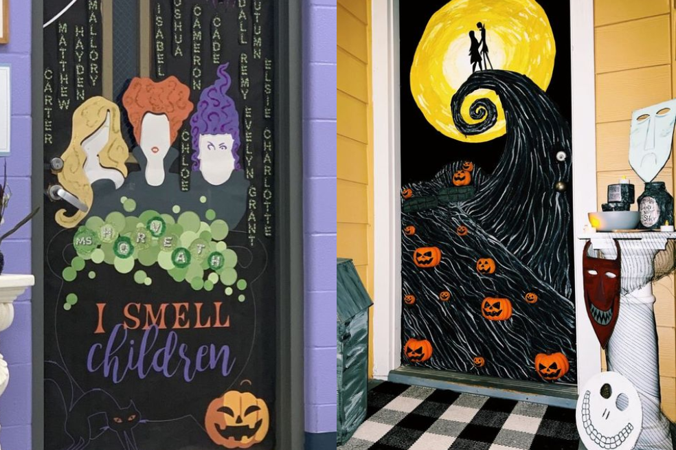 Decoración de Halloween para puertas con películas clásicas de la festividad