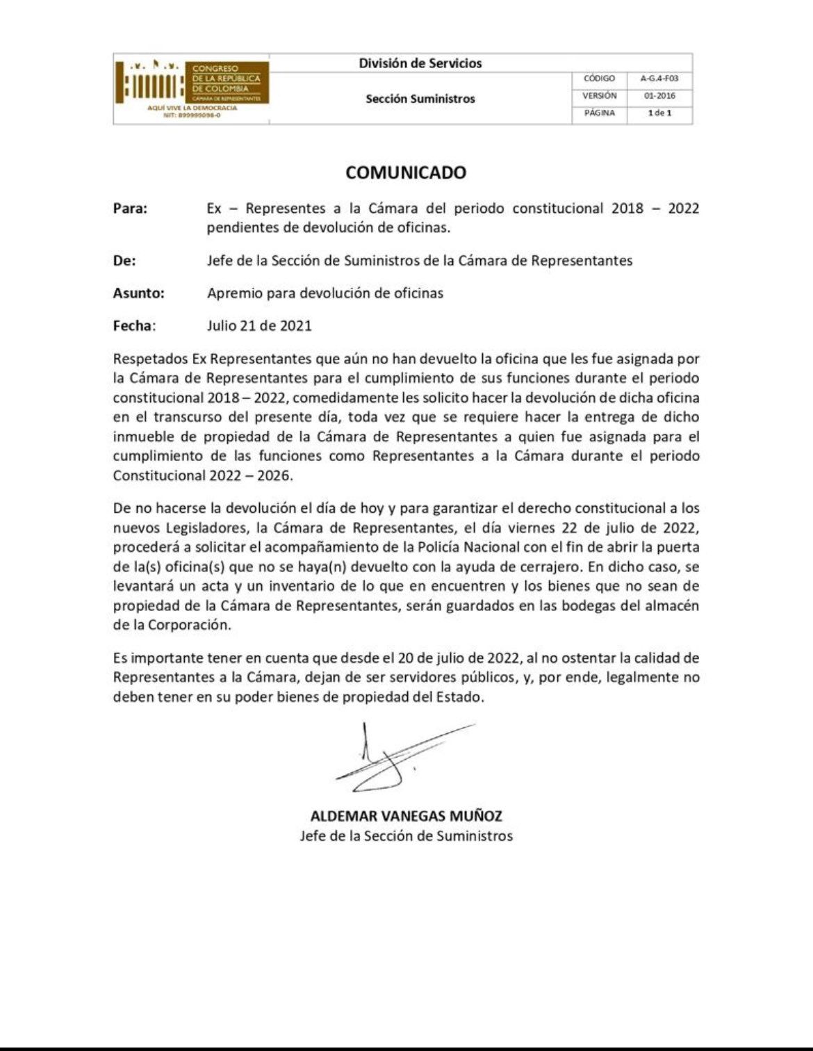 Este es el oficio del jefe de Suministros.