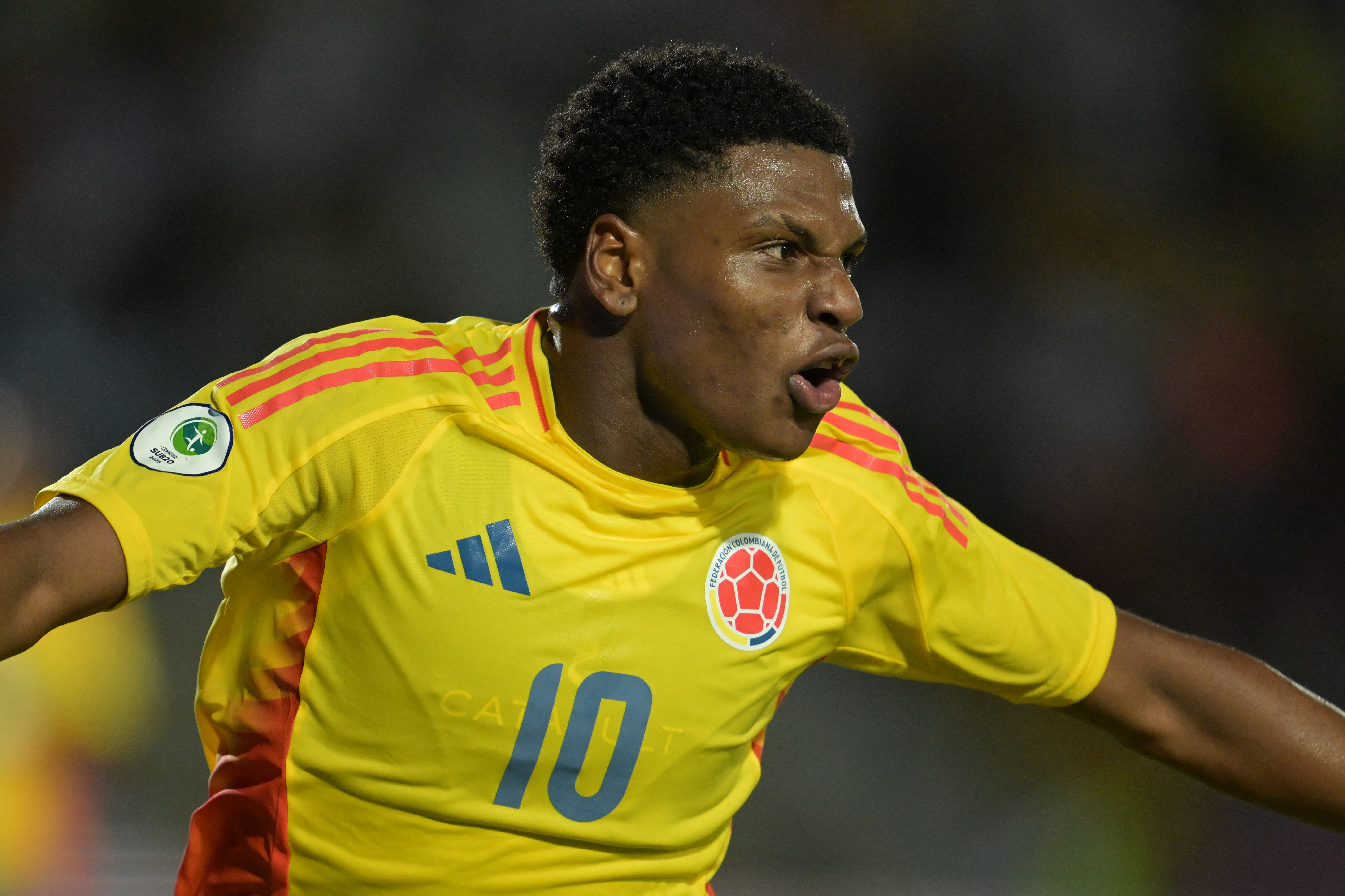 Óscar Pérea celebra su gol con Colombia.