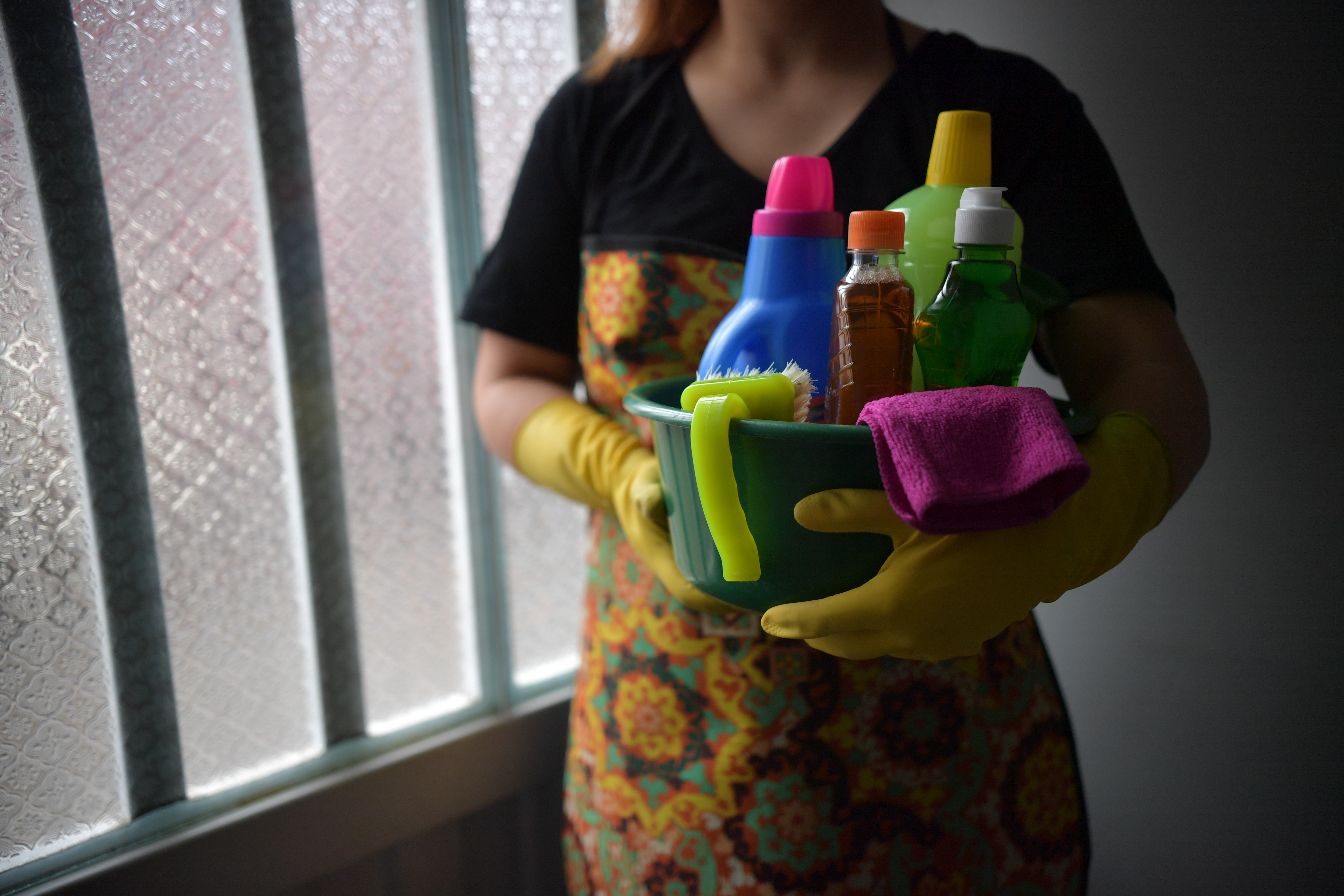 Foto ilustración de amas de casa que están en compañía de productos de aseo
