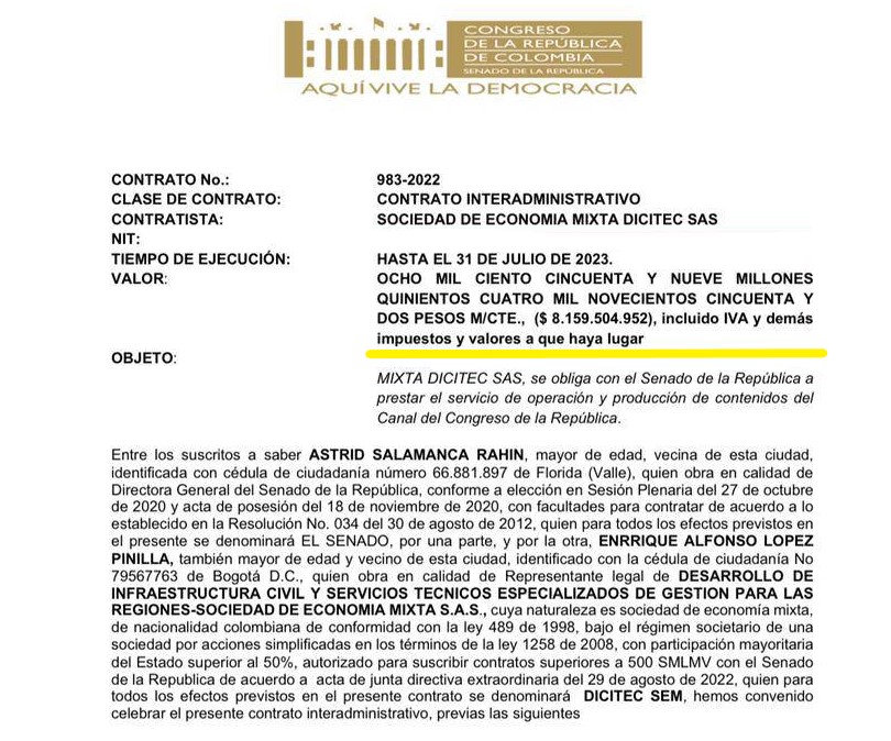 Contrato entre el Senado y Dicitec S.A.S.