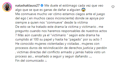 Natasha Klauss criticó a Jessica Cediel afirmando que ella tiene responsabilidad en lo que pasó con sus biopolímeros. La presentadora no se quedó callada y le respondió.