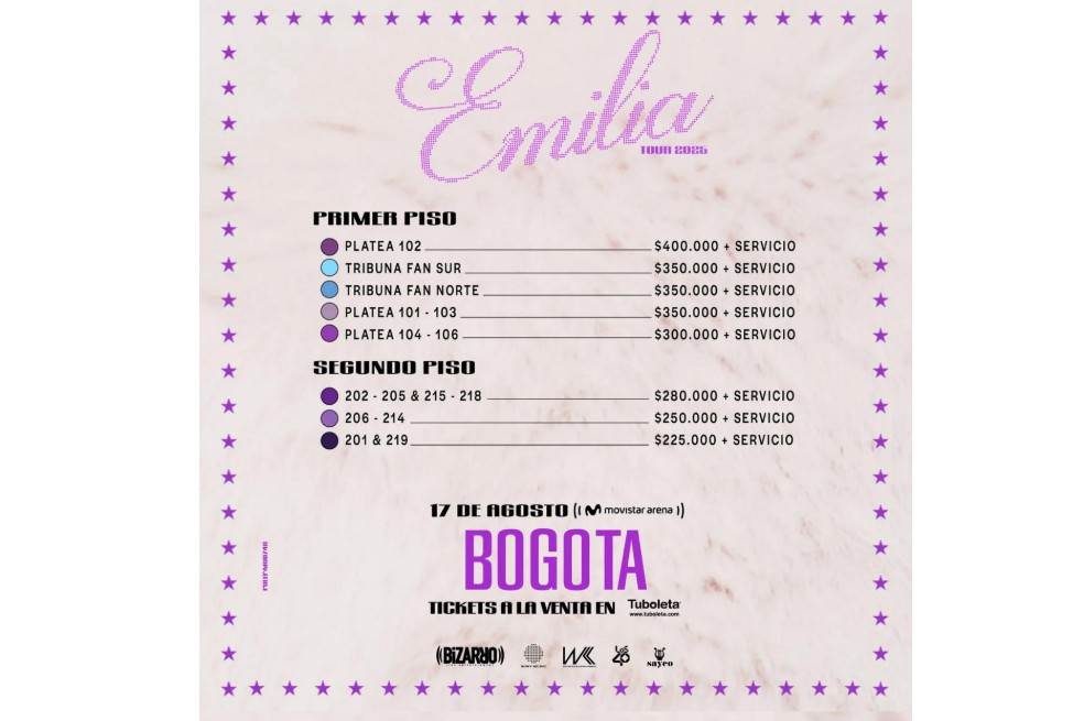 Precios de las boletas para el concierto de Emilia.