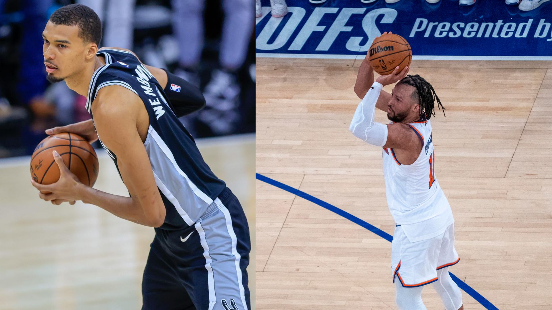Victor Wembanyama de San Antonio Spurs (iz) y Jalen Brunson de New York Knicks (d).