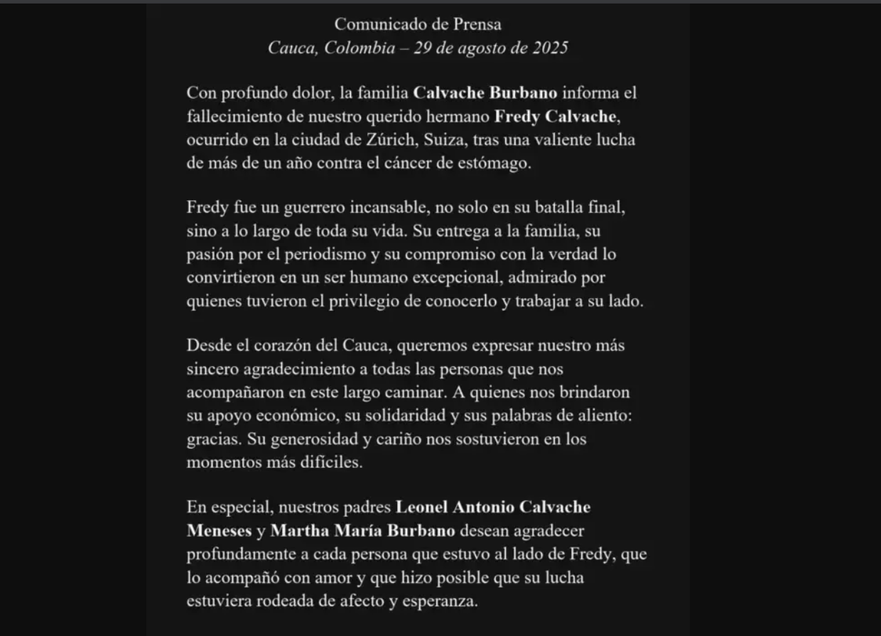Murió Fredy Calvache, experiodista de Noticias Caracol que luchaba contra el cáncer
