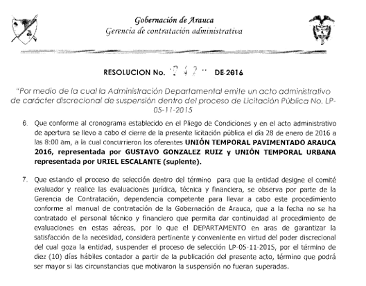 González aparece como representante de una unión temporal para una licitación con la Gobernación de Arauca.