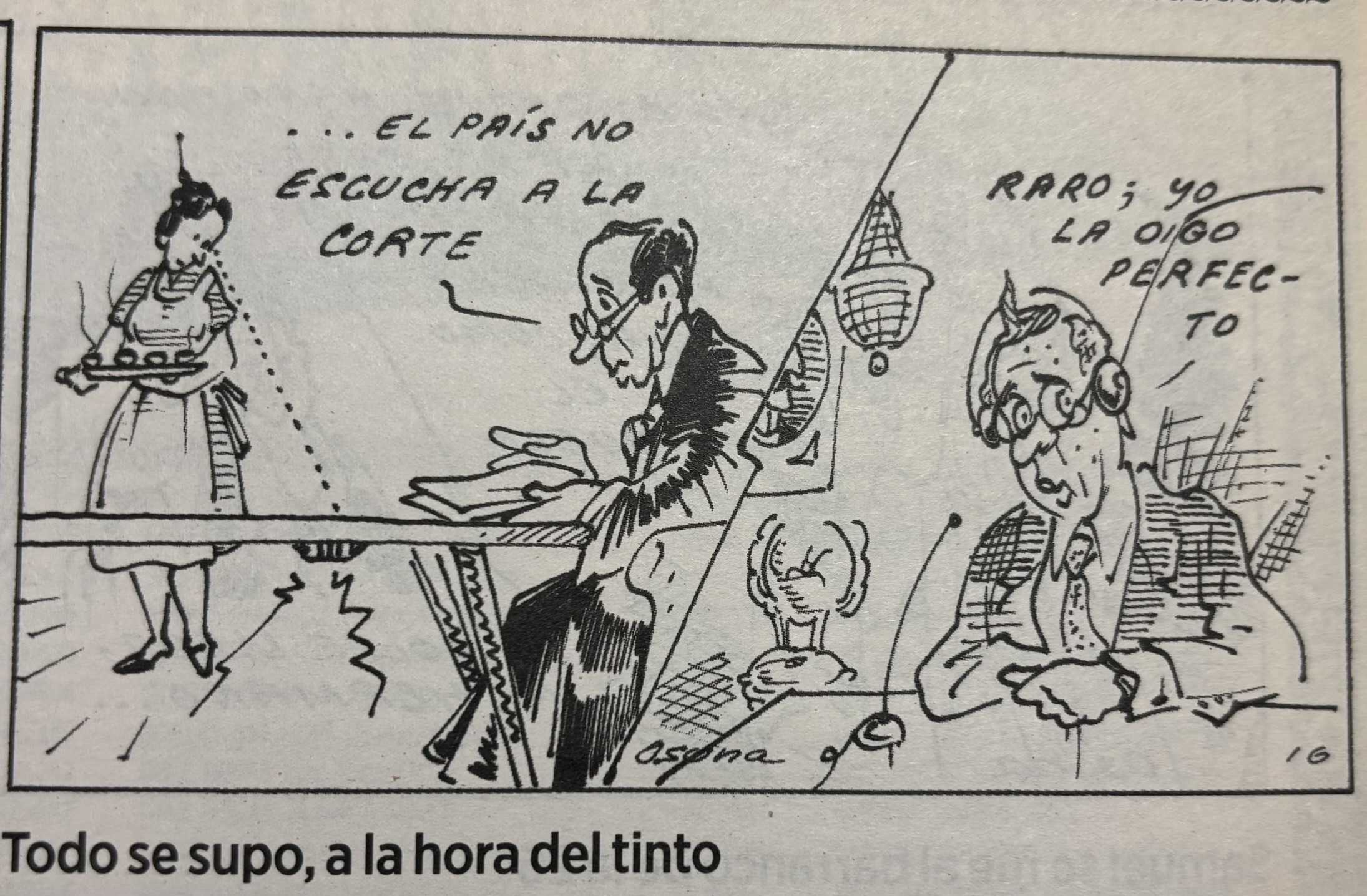 "Todo se supo, a la hora del tinto" es la caricatura del maestro Osuna como aporte al escándalo conocido como las chuzadas del DAS.