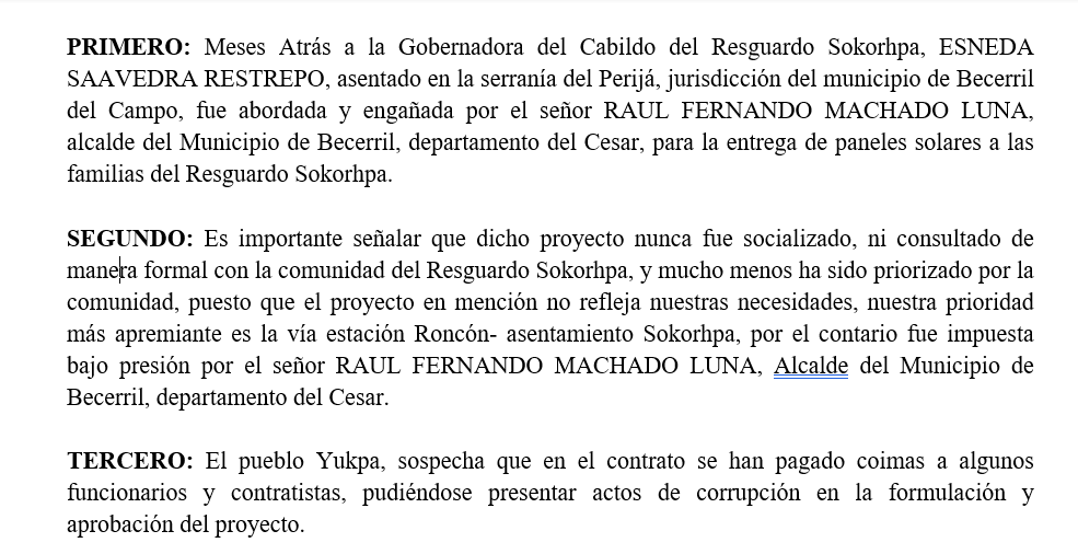 Facsímil del derecho de petición que enviaron las autoridades indígenas advirtiendo que no hubo consulta previa en el proyecto.