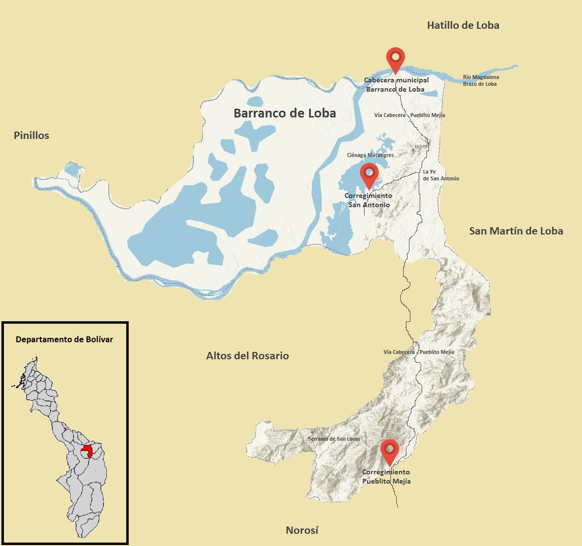 Ubicación geográfica de San Antonio. Elaboración propia con datos suministrados por la oficina de Planeación Municipal de Barranco de Loba.