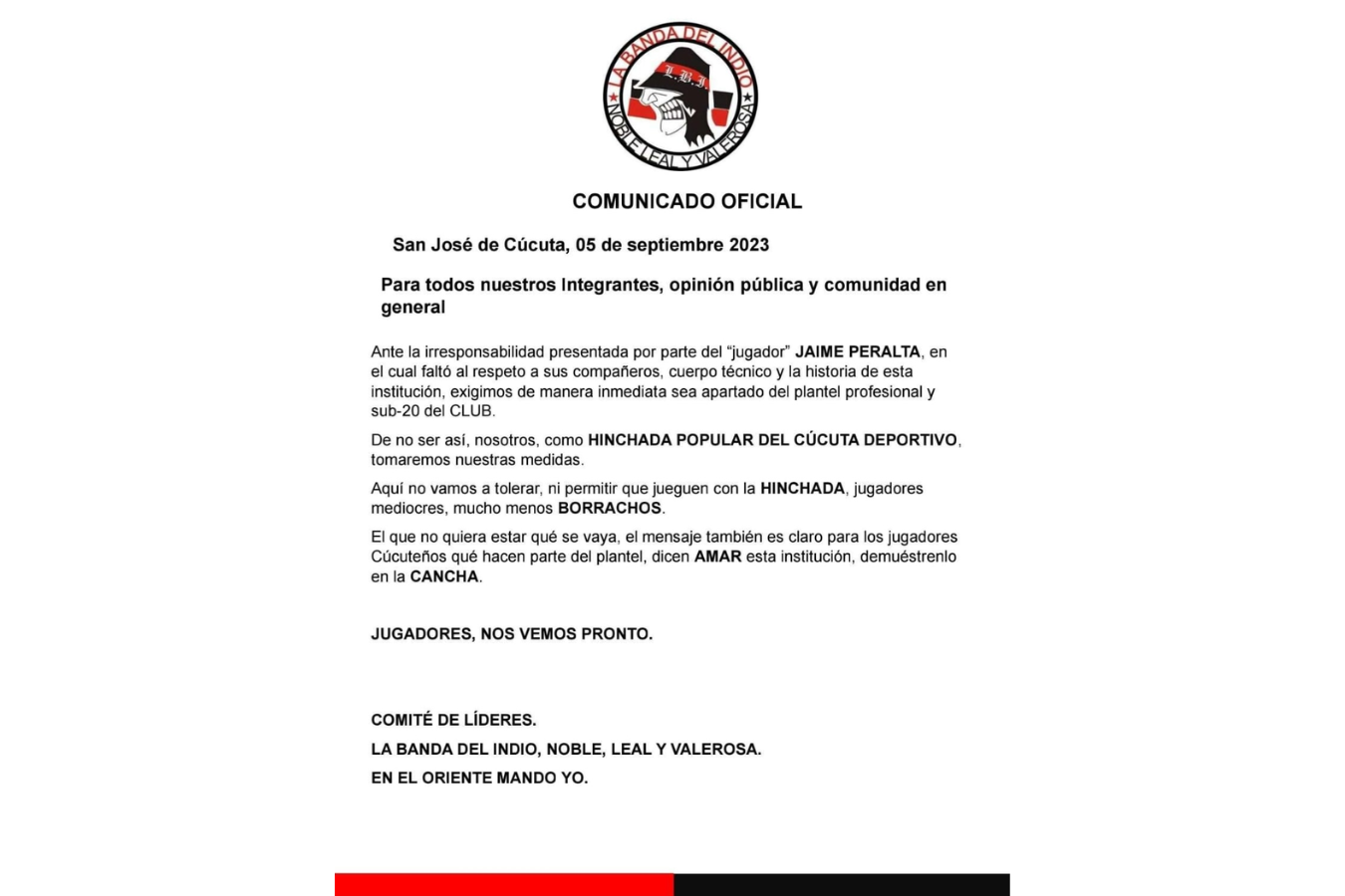 Carta de la hinchada del Cúcuta respecto al comportamiento de Jaime Peralta.