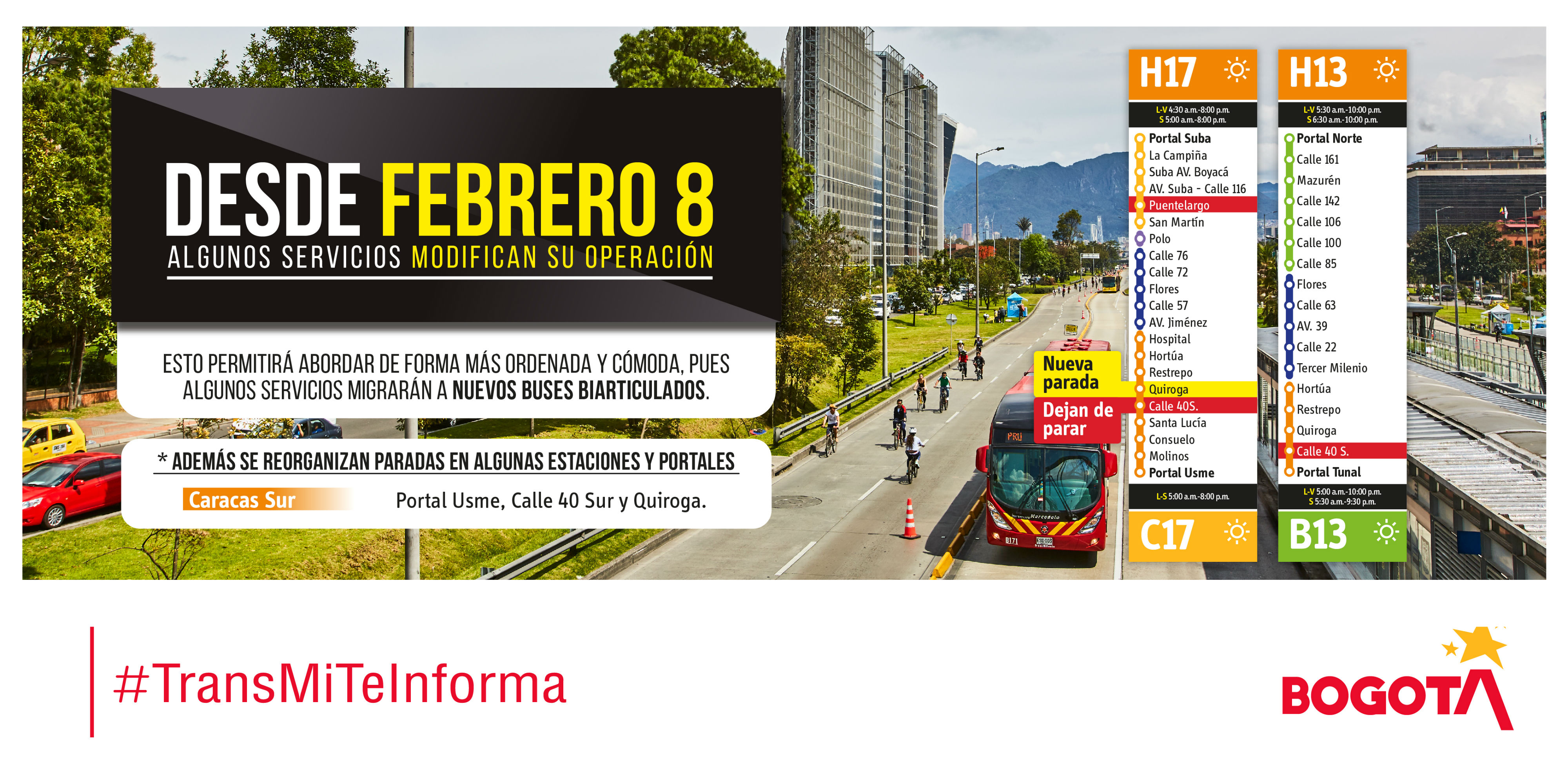 Para el lunes 10 de febrero la ruta H51 pasará a denominarse A51 y dejará de operar las estaciones Santa Lucía, Socorro, Consuelo, Molinos y Portal Usme. Y los siguientes servicios dejarán de operar algunas estaciones de la siguiente manera: