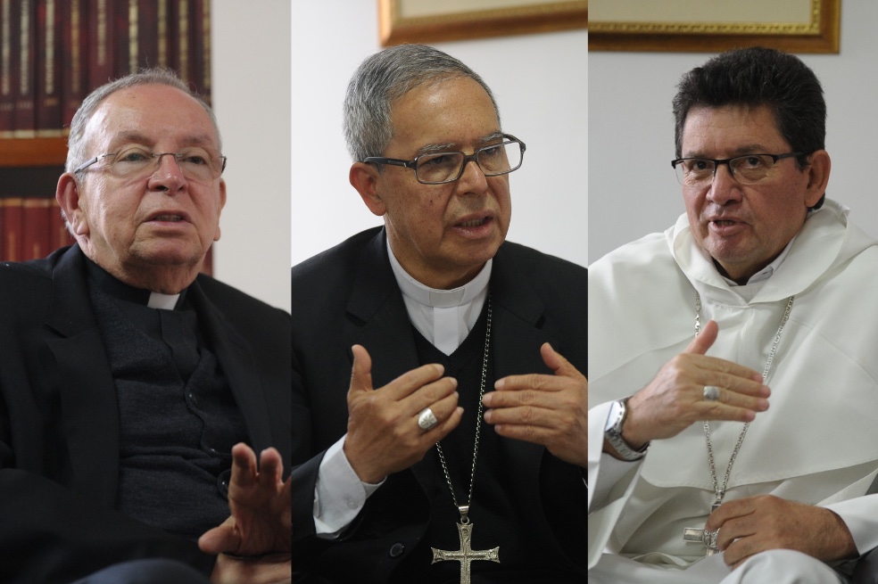 Monseñor Héctor Fabio Henao, delegado de la Conferencia Episcopal ante la mesa de diálogo con el ELN; monseñor Luis José Rueda, cardenal en Roma;  monseñor Omar Alberto Sánchez, arzobispo de Popayán.