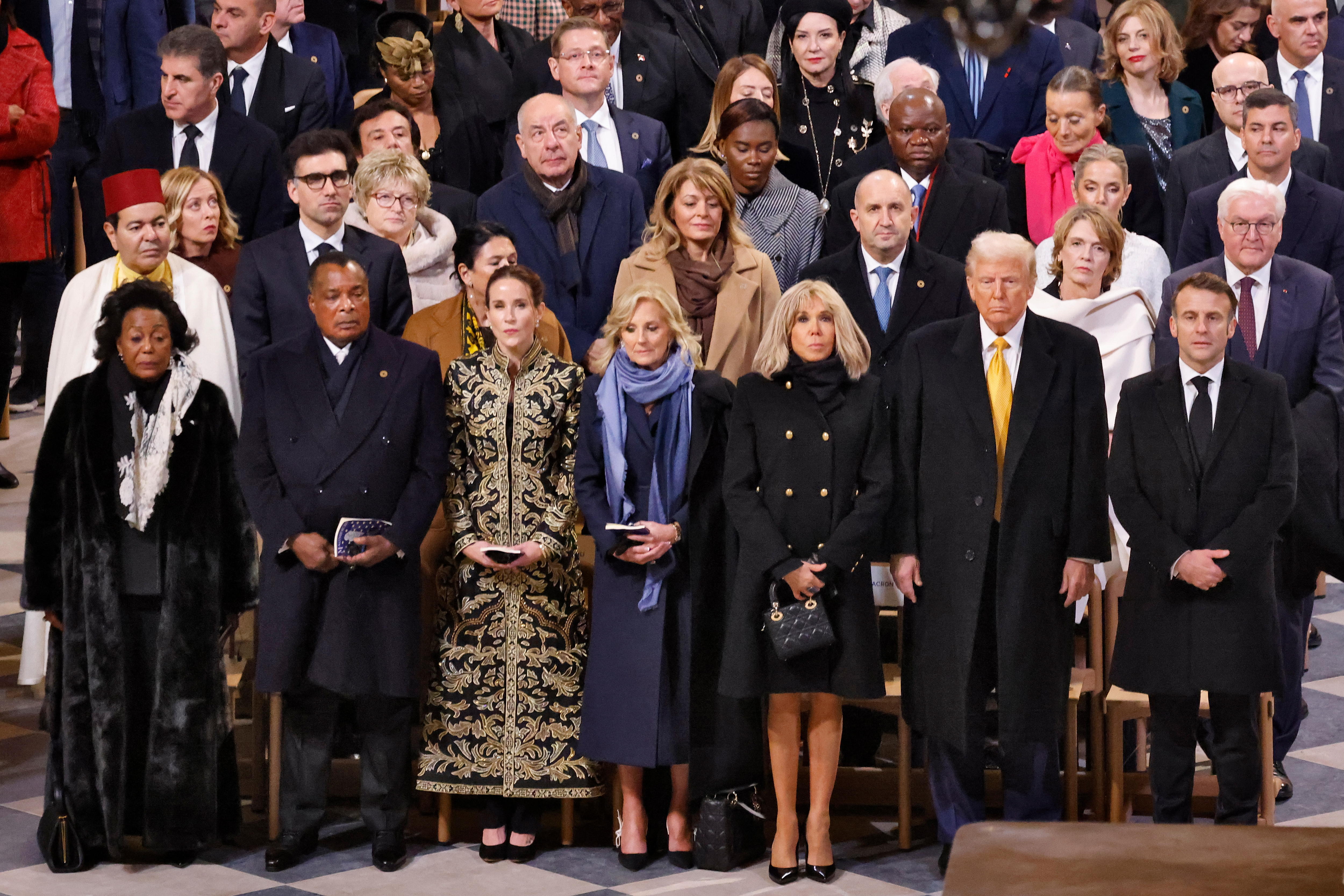 Paris (France), 07/12/2024.- (L-R) Republic of the Congo President's wife Antoinette Sassou Nguesso, Republic of the Congo President Denis Sassou Nguesso, Ashley Biden, US First Lady Jill Biden, Brigitte Macron, US President-elect Donald Trump and French President Emmanuel Macron stand during a ceremony marking the official reopening of the Notre Dame de Paris cathedral, in Paris, France, 07 December 2024. The Notre Dame de Paris Cathedral reopens on 07 December after nearly six years of renovation work following its destruction by a fire on 15 April 2019. (Francia) EFE/EPA/LUDOVIC MARIN / POOL MAXPPP OUT