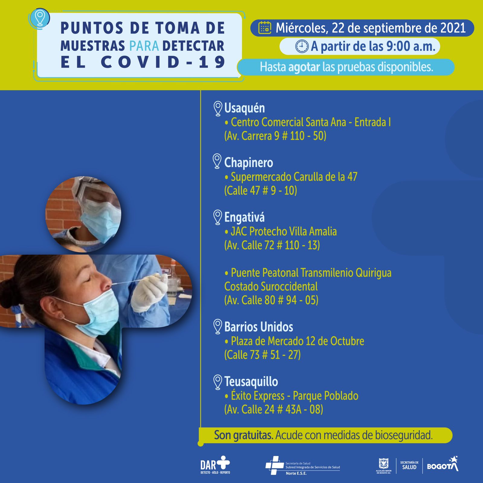 ¿Dónde hay pruebas gratuitas para Covid-19 este miércoles en Bogotá?