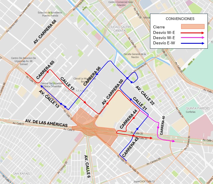 Mapa de cierres viales y desvíos por implosión puente de la carrera 50.