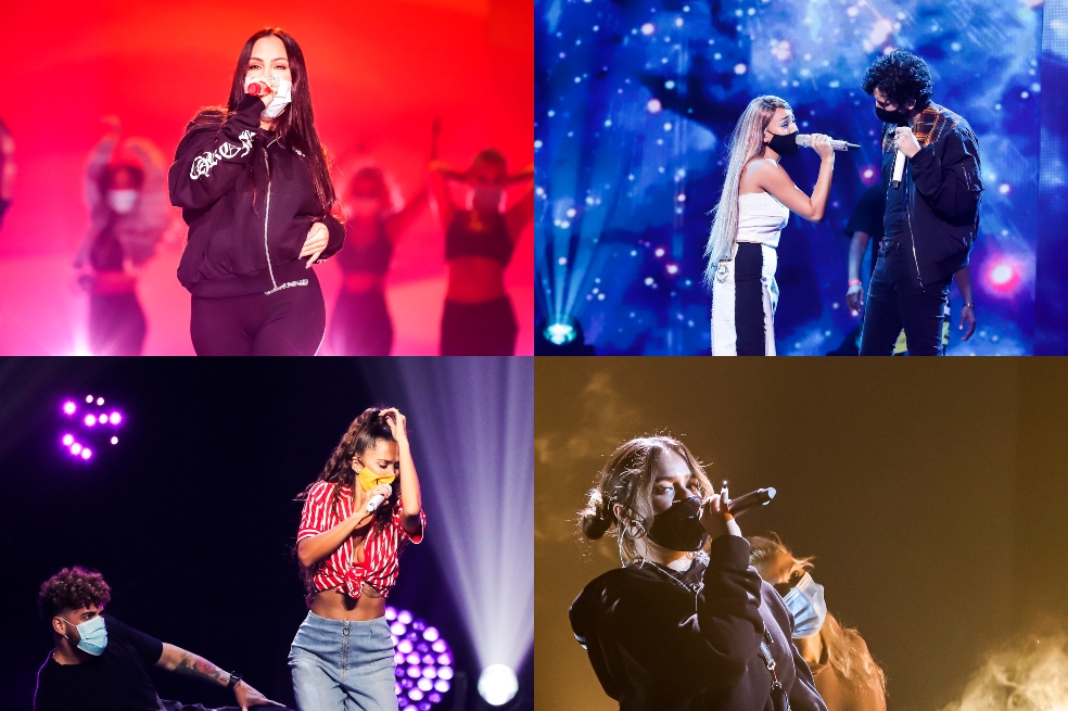 Natti Natasha, Sebastián Yatra, Danna Paola, Greeicy y Karol G durante los ensayos de los Premios juventud el 11 de agosto en Miami, Florida.