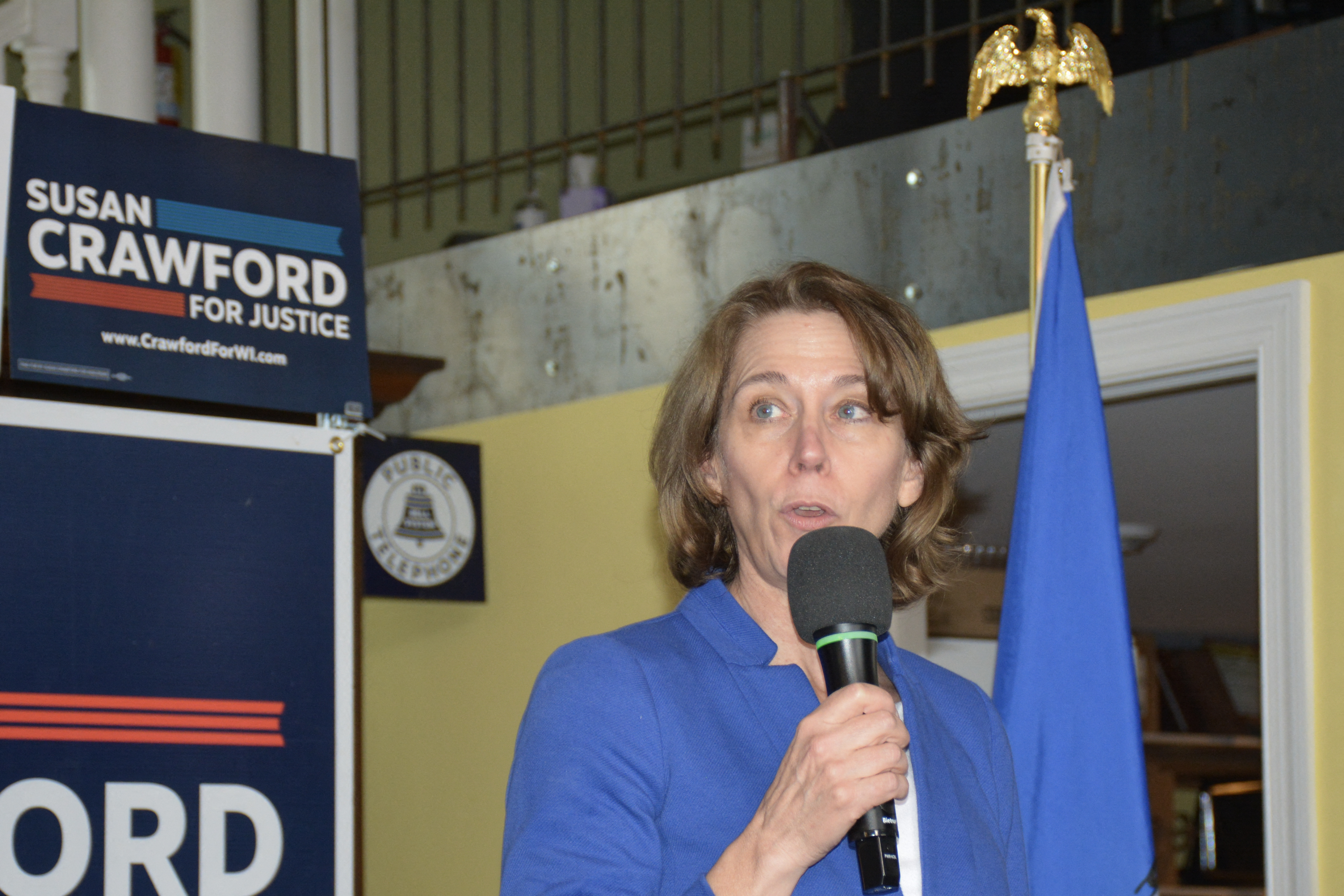 Susan Crawford, Democratic-backed candidate for Wisconsin Supreme Court, speaks during a campaign rally in Elkhorn, Wisconsin, on March 30, 2025.