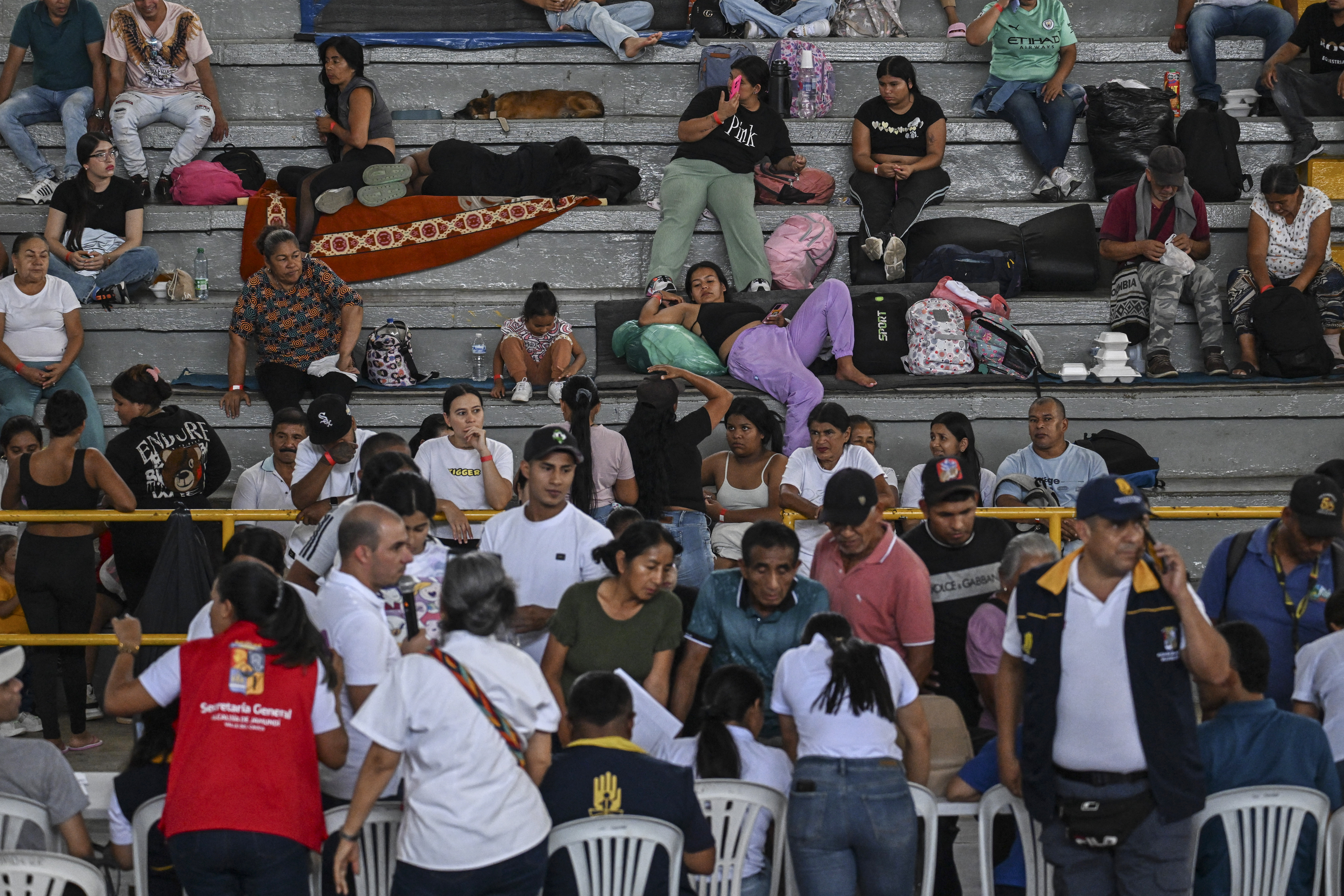 Displaced people gather at the municipal coliseum of Jamundi, Valle del Cauca department, Colombia on July 23, 2025.
