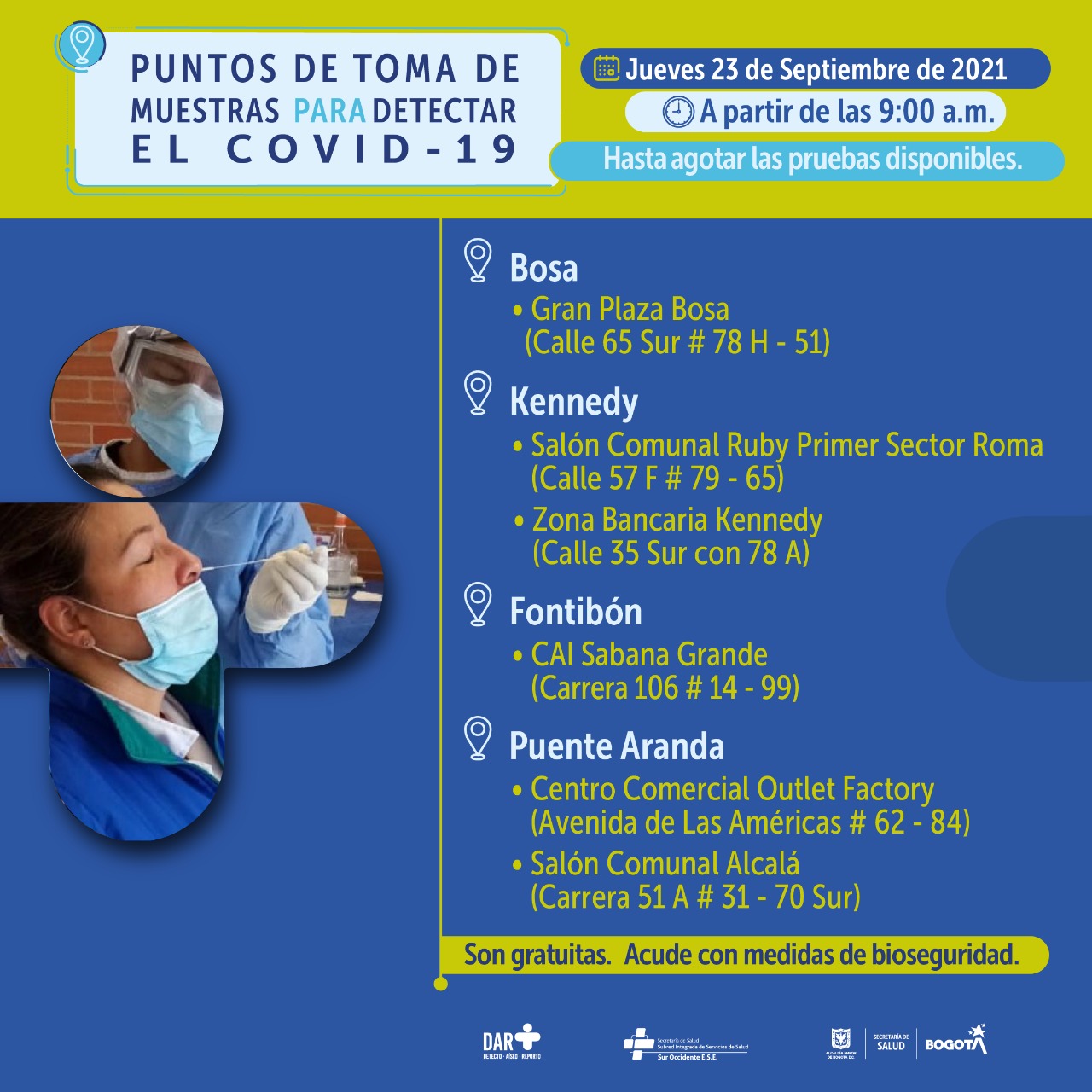 En estos puntos habrá pruebas gratuitas para Covid-19 este jueves en Bogotá