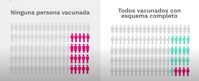 La imagen muestra dos poblaciones, cada una de 100 personas. En la izquierda, ninguno se ha vacunado y, en la derecha, todos. Las personas en fucsia representan fallecimientos y las verdes muertes evitadas.