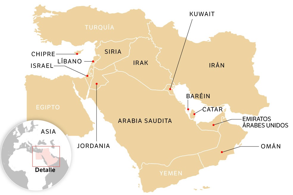 Detalle de la península Arábiga y el golfo Pérsico, donde se ubican varios de los países involucrados.