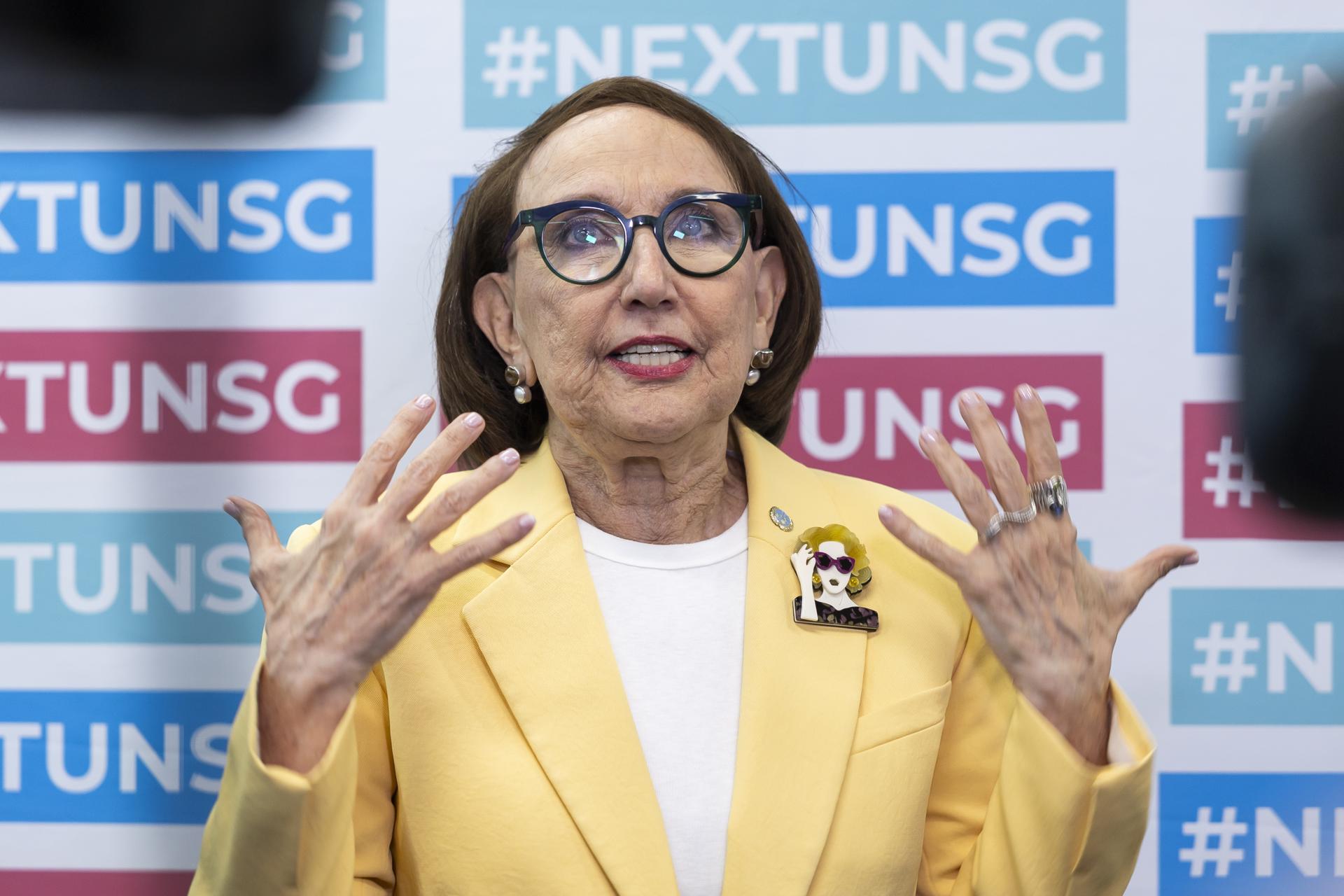 GENEVA (Switzerland), 09/06/2026.- Rebeca Grynspan, candidate for the next UN secretary-general, speaks to journalists during the first 2026 worldwide televised candidates' debate for the selection of the next United Nations Secretary-General in Geneva, Switzerland, 09 June 2026. (Suiza, Ginebra) EFE/EPA/CYRIL ZINGARO
