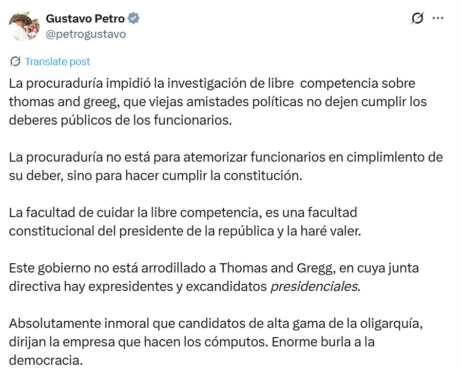 Gustavo Petro Thomas Greg & Sons elecciones 2026 Registraduría