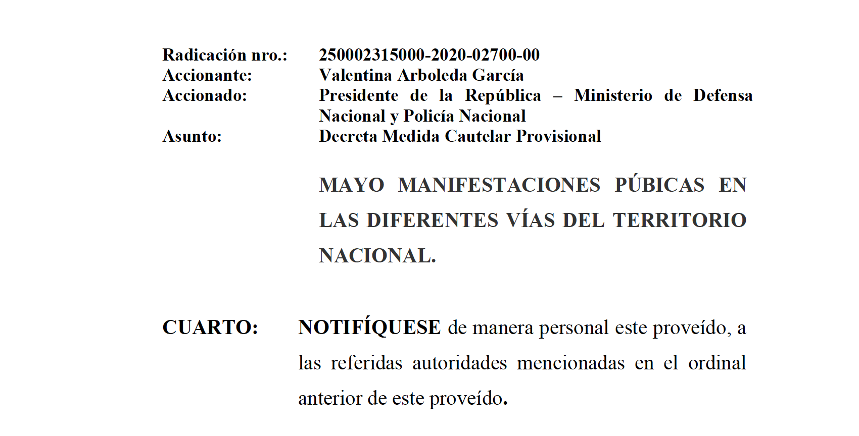 Auto que aplaza las manifestaciones programadas para el 28 de abril y 1 de mayo.