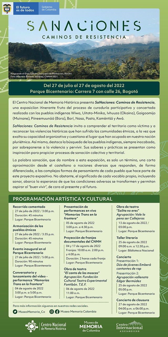 Conozca las actividades de la exposición 'SaNaciones: caminos de resistencia' que se realizarán en el Parque Bicentenario y la Biblioteca Nacional de Bogotá hasta el 27 de agosto.