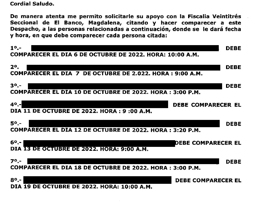 Citación a comparecer emitida el 3 de octubre pasado contra ocho personas de la comunidad.