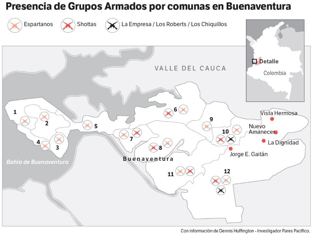 De las 12 comunas que hay en Buenaventura, en seis hay presencia de dos o más bandas criminales. Elaboración con información de Pares.