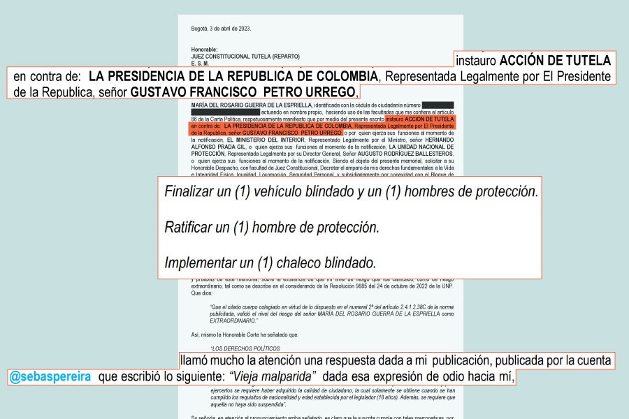 La tutela de María del Rosario Guerra contra el presidente Petro es por la reducción en su esquema de seguridad.