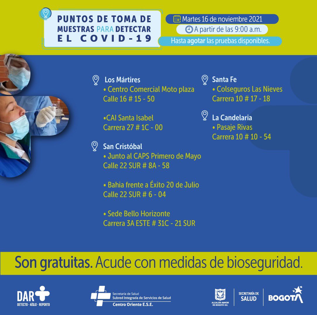 ¿Dónde hay pruebas gratuitas para Covid-19 este martes en Bogotá?