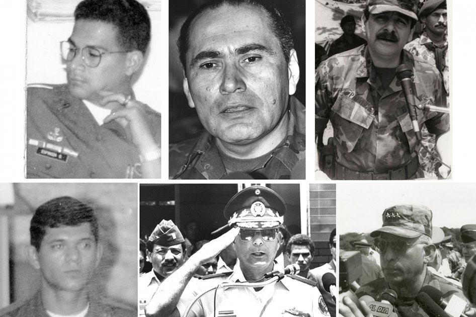 Fotografías de archivo sin fecha de seis de los 16 militares salvadoreños prófugos desde la noche del pasado viernes, requeridos en España por la matanza de 6 padres jesuitas. / EFE