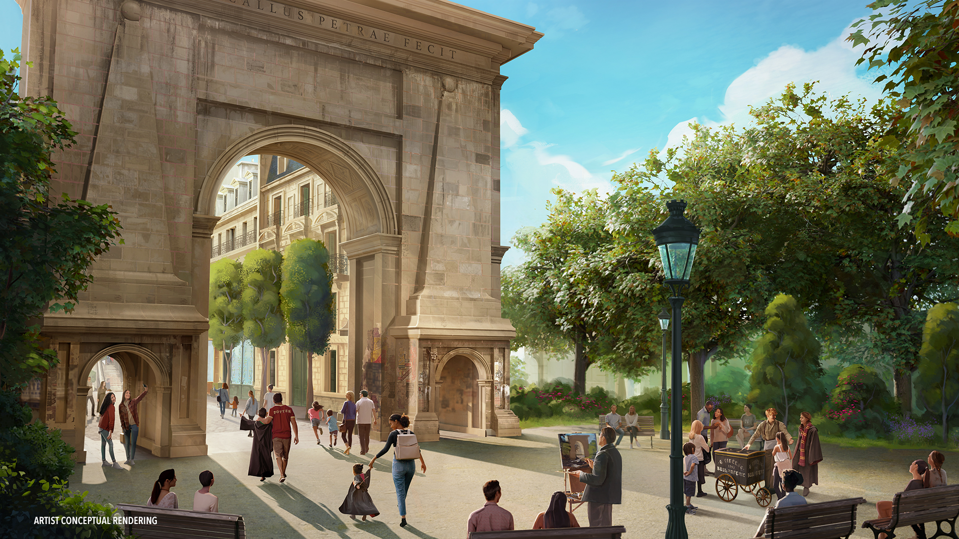 Más allá del ornamentado portal de este nuevo mundo, los visitantes primero viajarán desde un parque “Muggle” en París hasta el espectáculo de la Place Cachée de la década de 1920, un distrito comercial escondido y bullicioso en la mágica capital francesa, lleno de edificios Haussmannianos, tiendas, cafés en las aceras y cúpulas históricas parisinas que se elevan en la distancia.