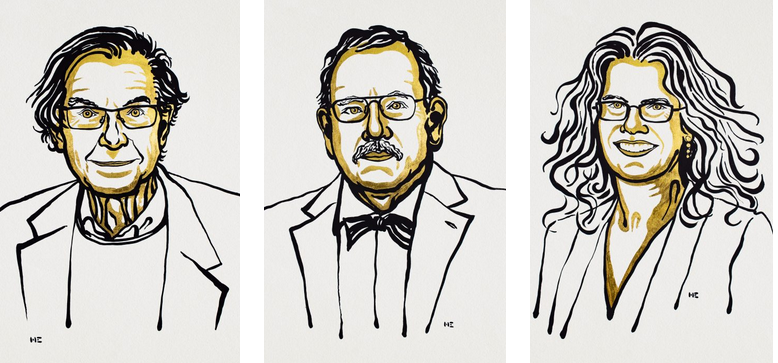 Ilustración (izquierda a derecha) del británico Roger Penrose, Reinhard Genzel de Alemania y Andrea Ghez de los Estados Unidos, ganadores del Premio Nobel de Física.