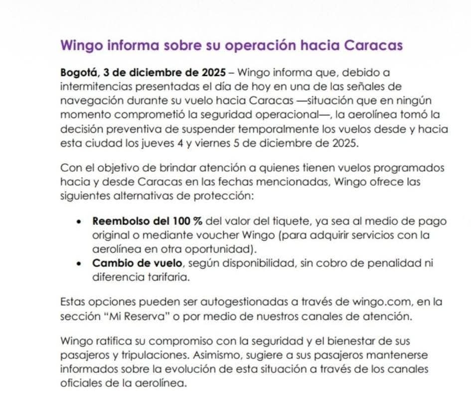 Comunicado de Wingo.