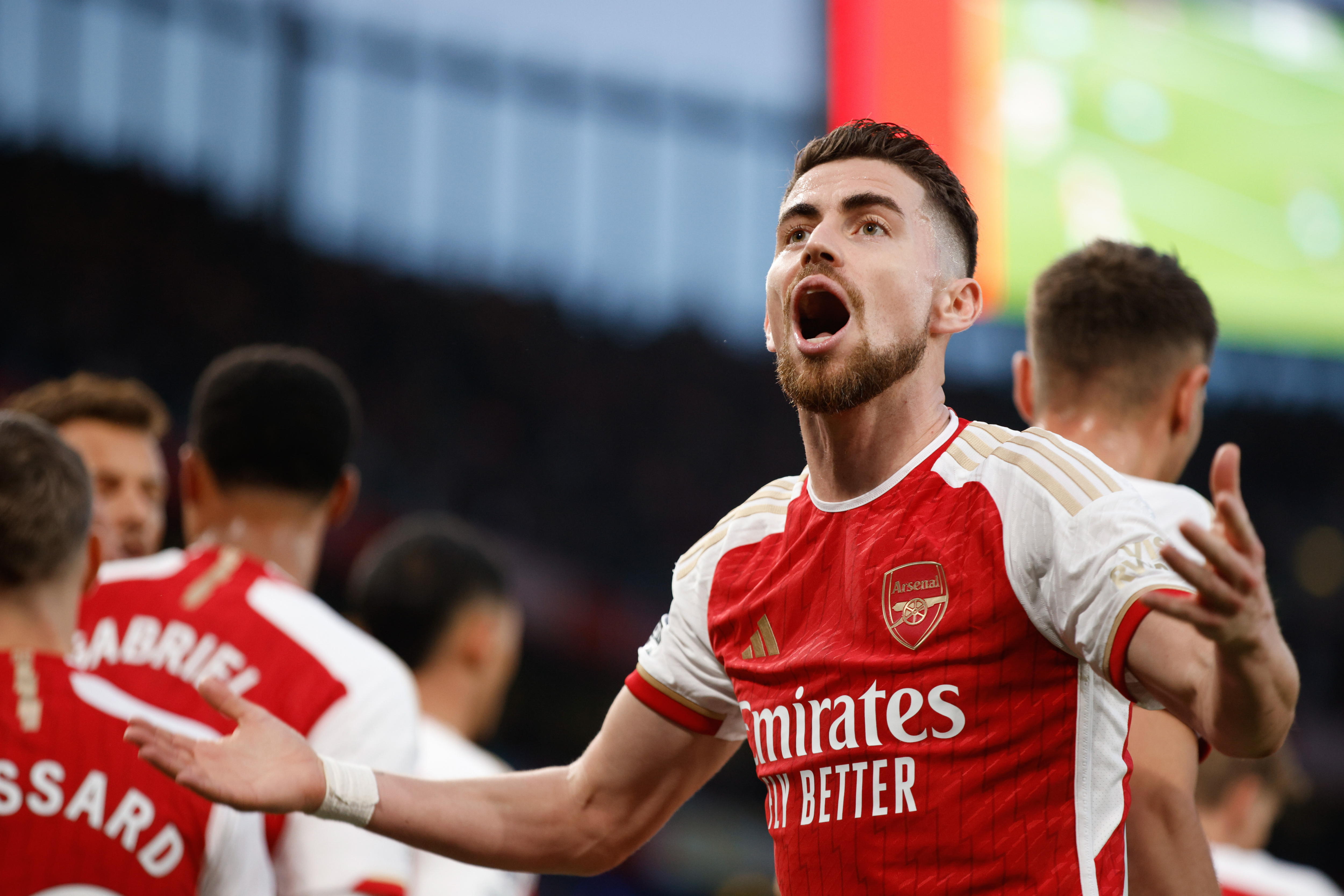 London (United Kingdom), 09/03/2024.- Jorghino of Arsenal celebrates the 1-0 goal of teammate Declan Rice (unseen) during the English Premier League match between Arsenal FC and Brentford FC in London, Britain, 09 March 2024. (Reino Unido, Londres) EFE/EPA/DAVID CLIFF EDITORIAL USE ONLY. No use with unauthorized audio, video, data, fixture lists, club/league logos, 'live' services or NFTs. Online in-match use limited to 120 images, no video emulation. No use in betting, games or single club/league/player publications.