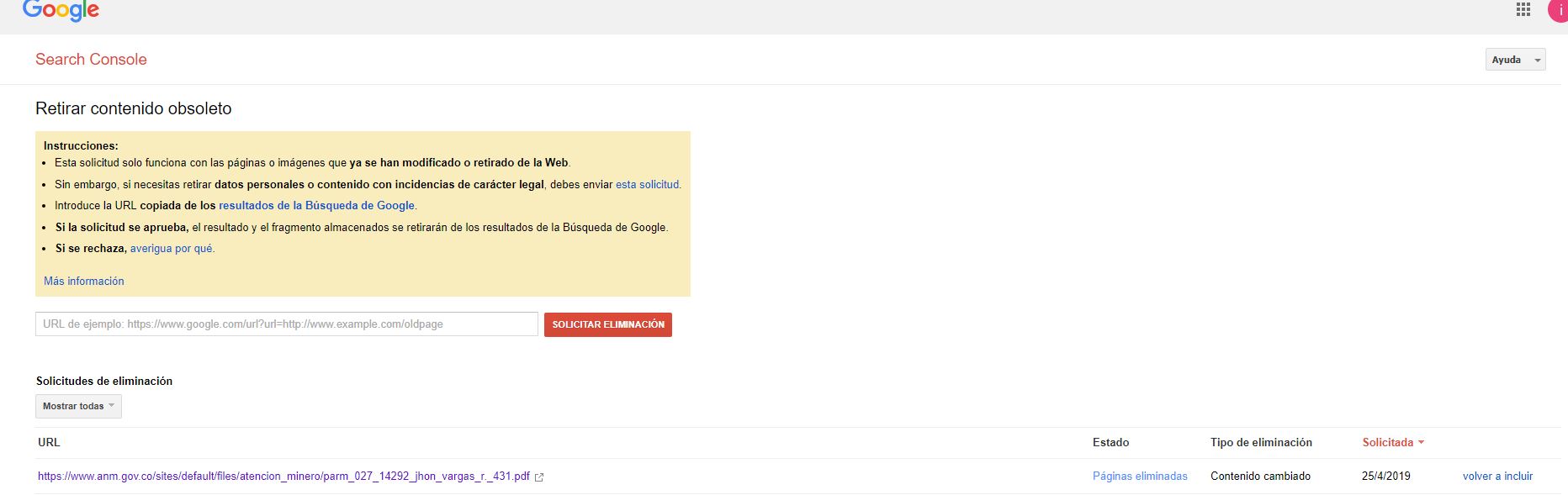 Documento extraído de la filtración muestra cómo Eliminalia le pidió a Google eliminar documento de la ANM sobre Gilberto Vargas Durango.