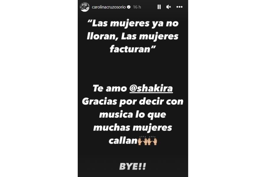 Publicación de Instagram de Carolina Cruz sobre la nueva canción de Shakira.